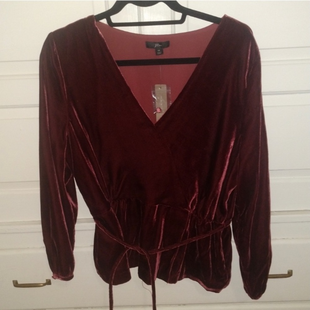 J Crew Faux Wrap Velvet Tie Waist Top